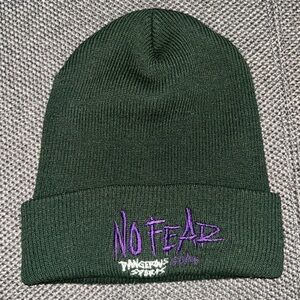 Vintage No Fear Green Beanie with Purple Embroidery Unisex